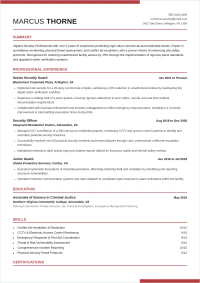 Free Chronological Security Guard ATS Resume Template