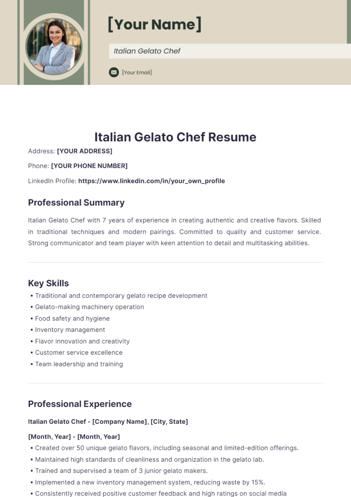 Italian Gelato Chef Resume - Edit Online & Download