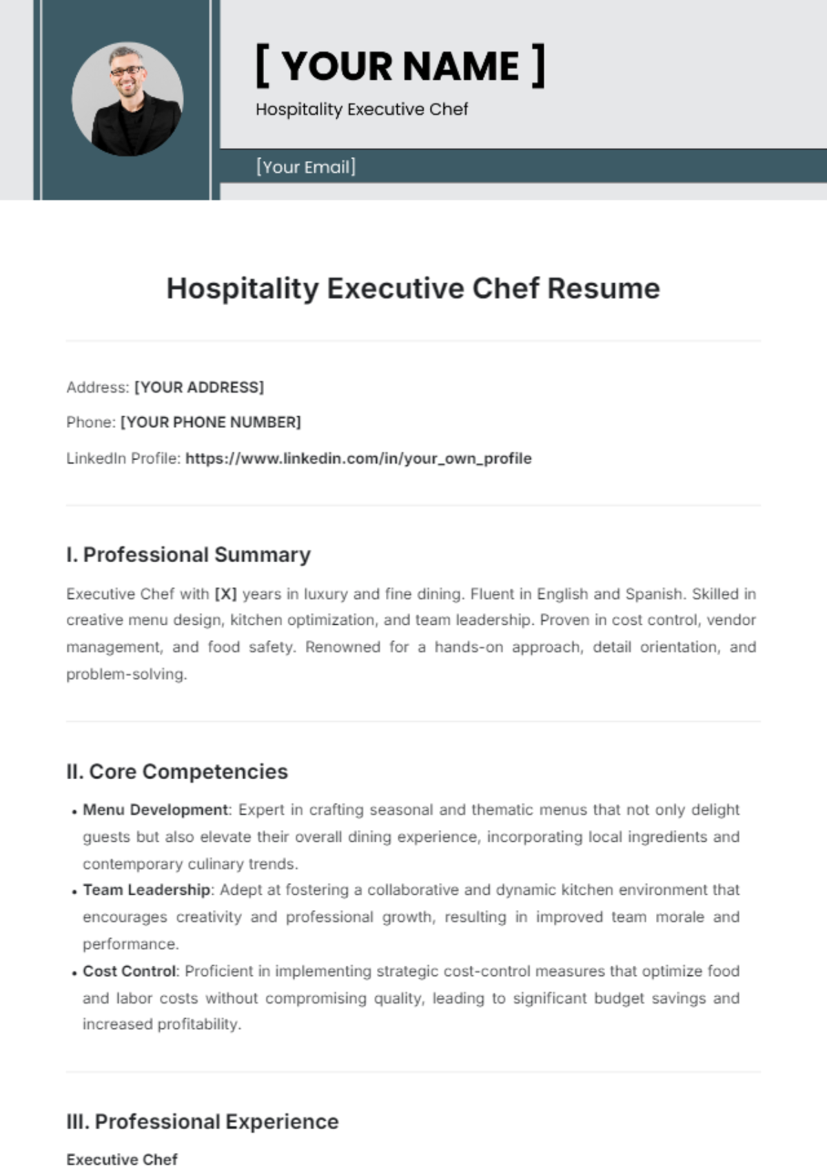 Hospitality Executive Chef Resume Template