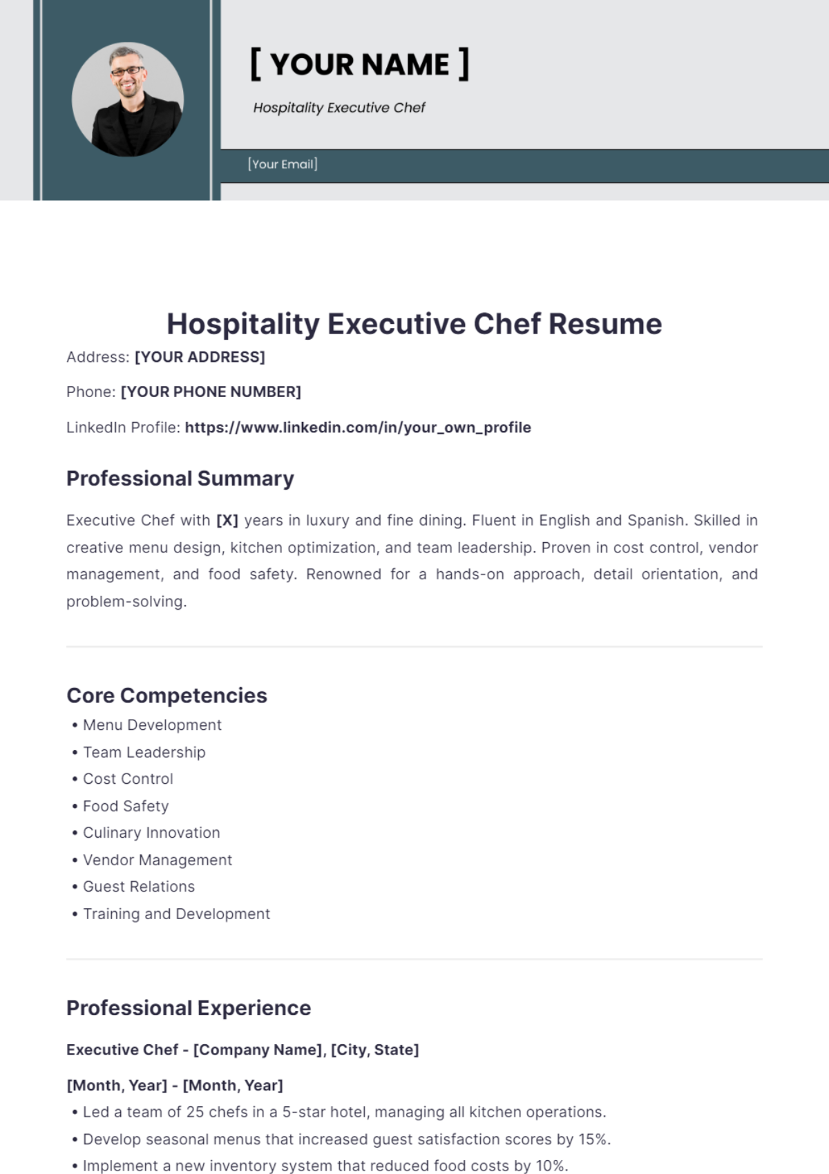 Hospitality Executive Chef Resume - Edit Online & Download