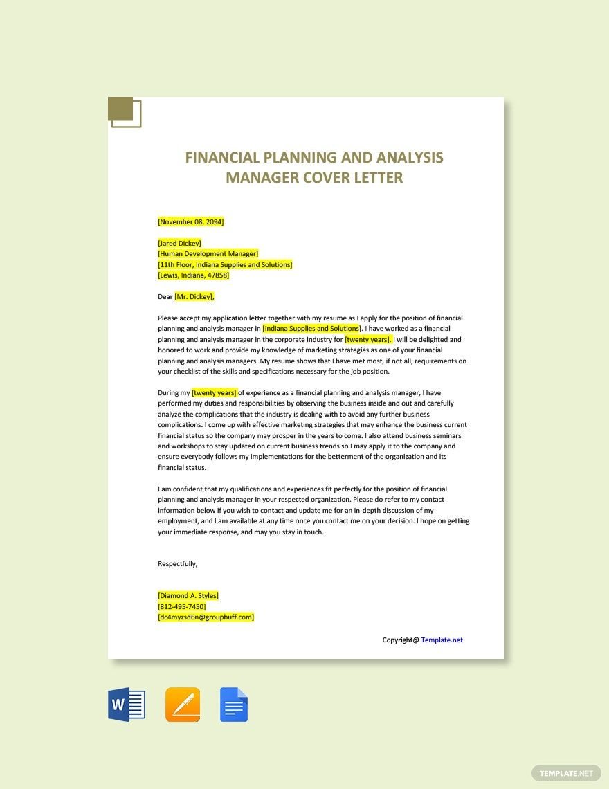 Financial Planning and Analysis Manager Cover Letter Template
