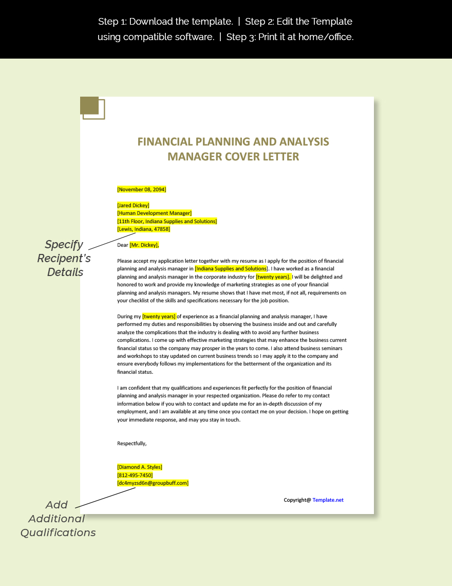 Financial Planning and Analysis Manager Cover Letter