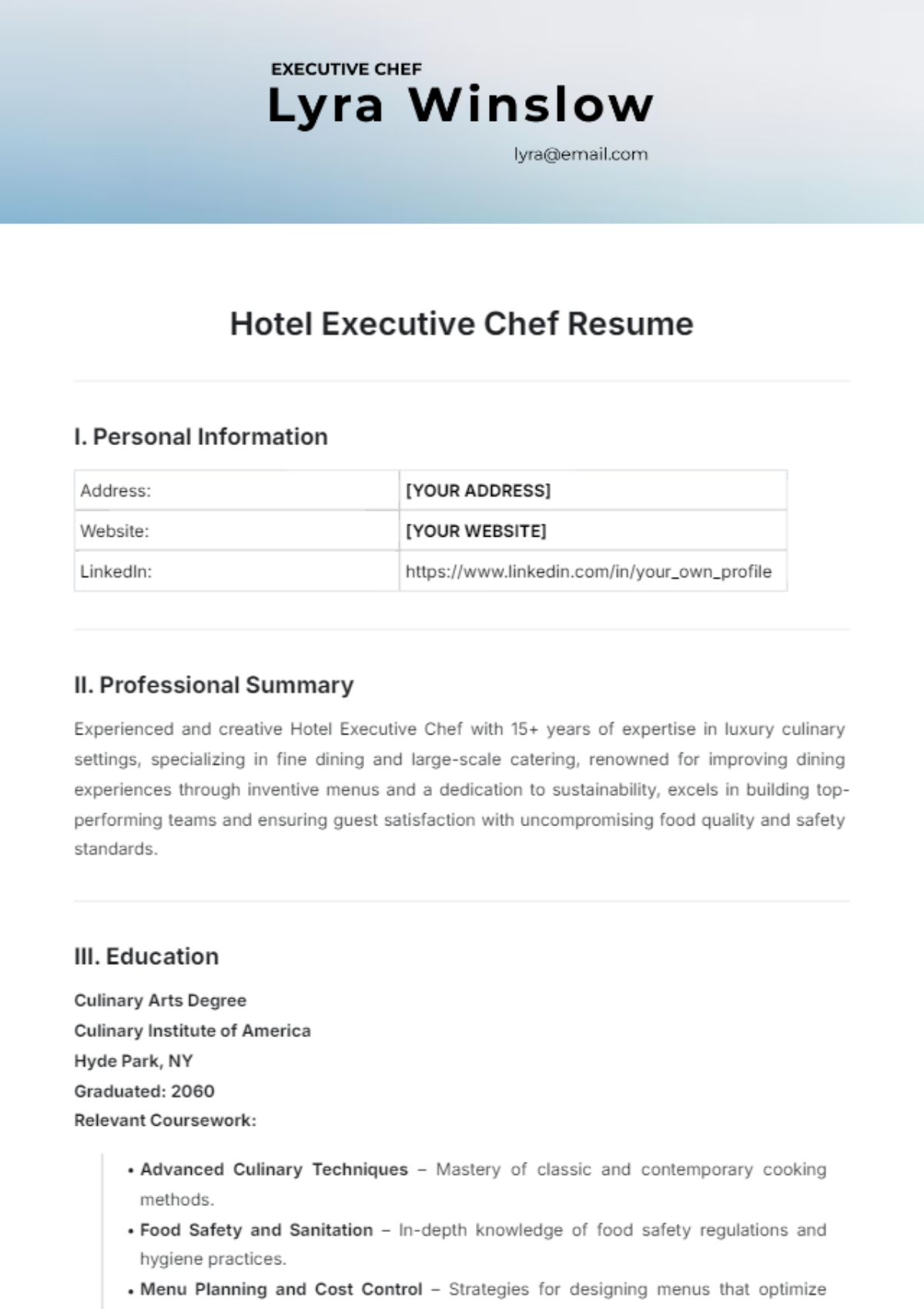 Hotel Executive Chef Resume Template - Edit Online & Download