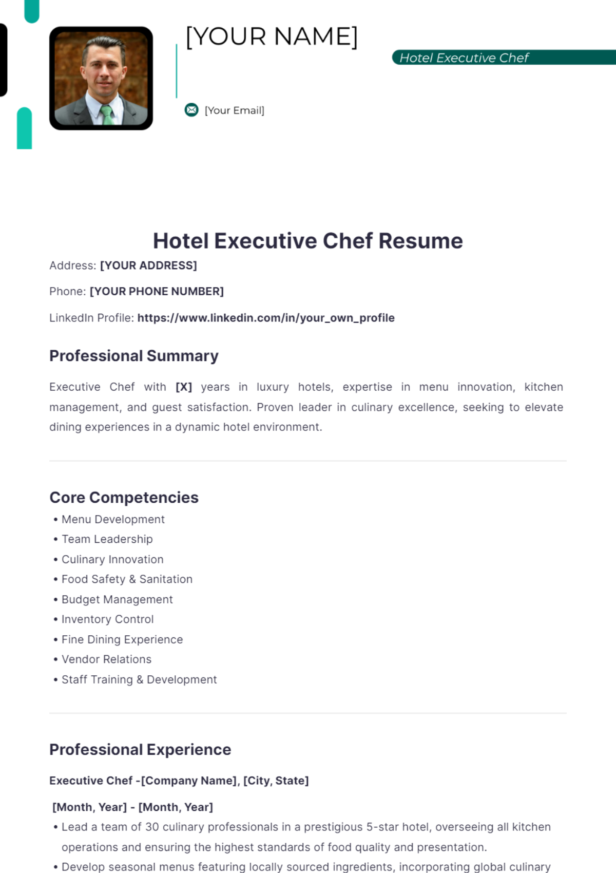 Hotel Executive Chef Resume - Edit Online & Download