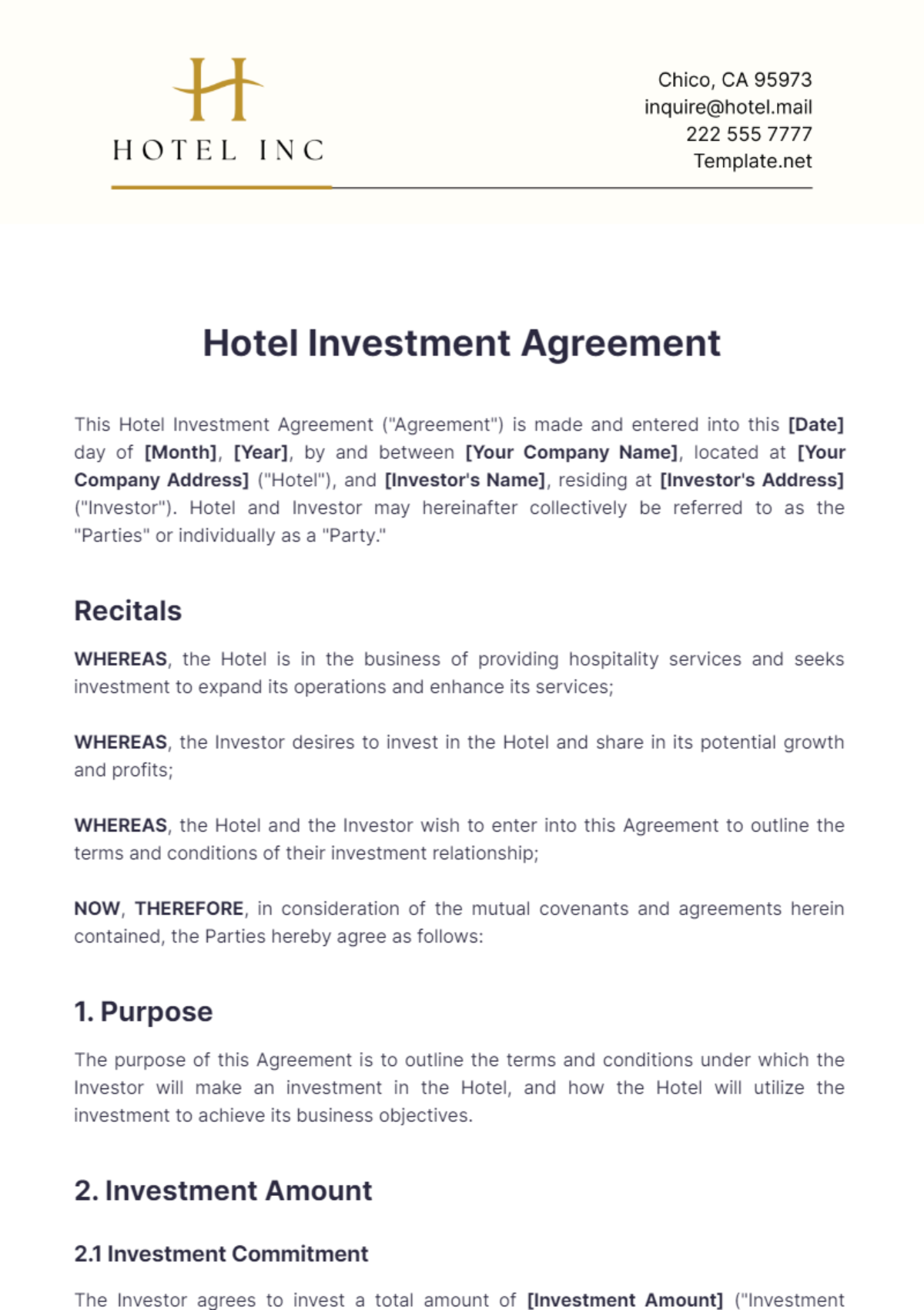 Hotel Investment Agreement Template - Edit Online & Download