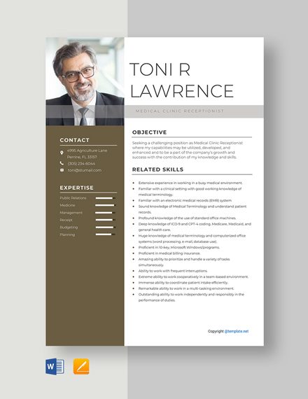 Medical Clinic Receptionist Resume Template - Word, Apple Pages