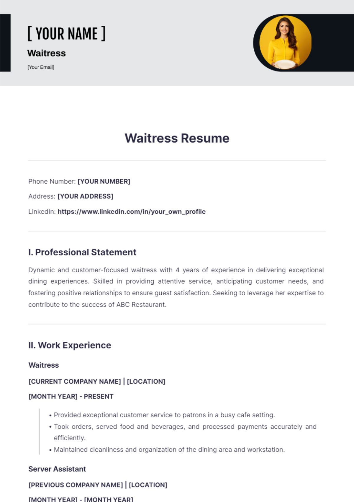 Waitress Resume - Edit Online & Download