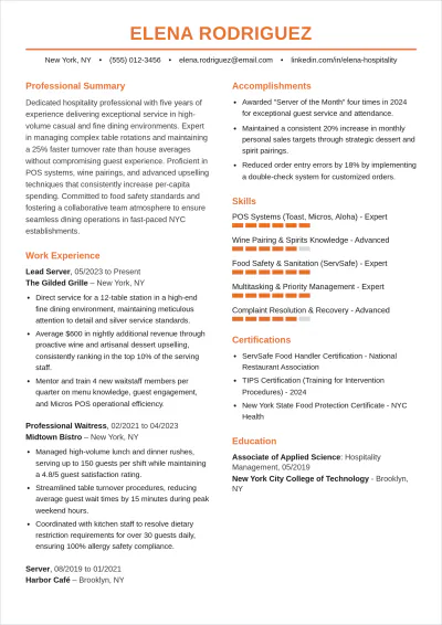 Free Waitress ATS Resume Template, AI Resume Builder