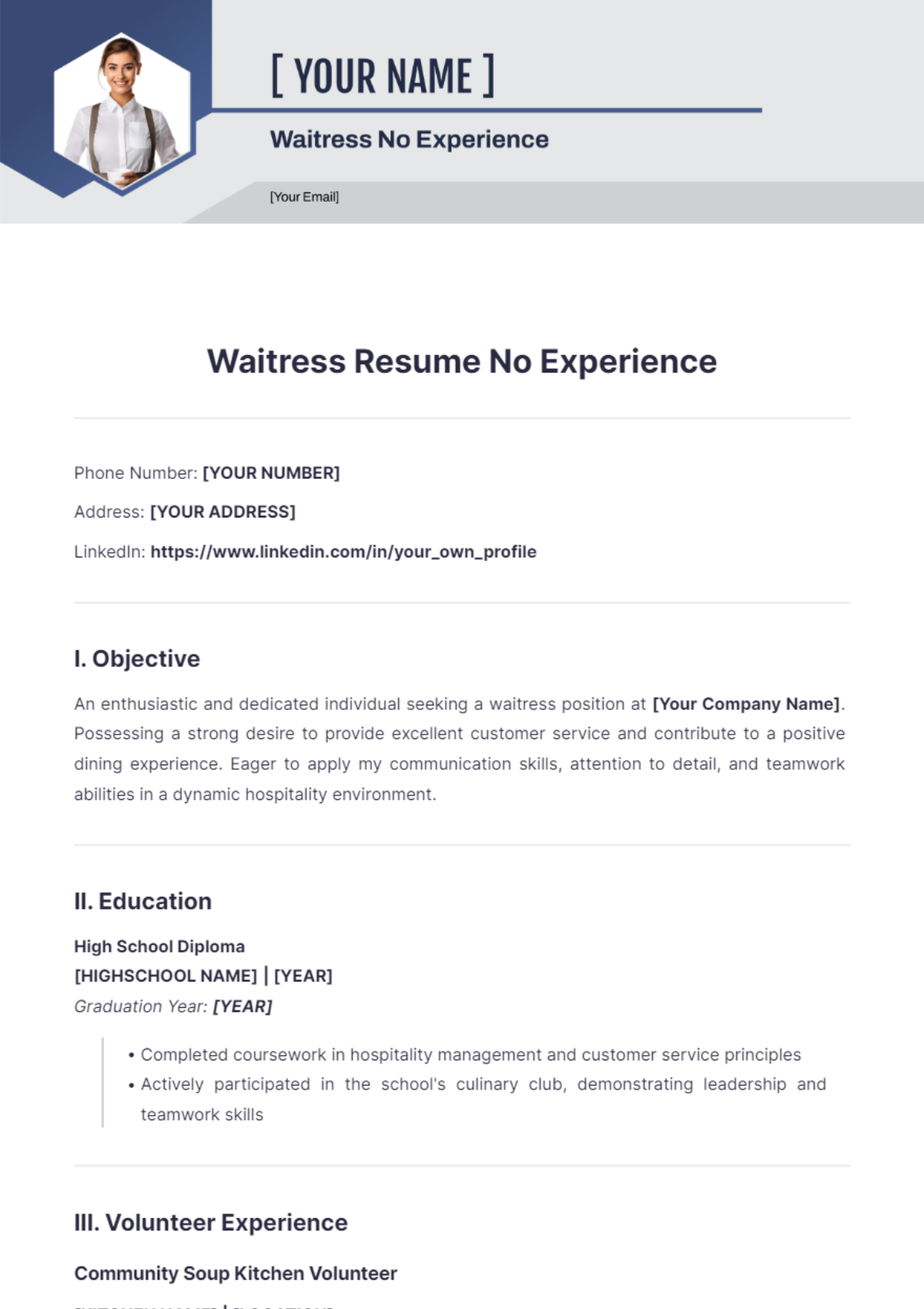 Waitress Resume No Experience - Edit Online & Download