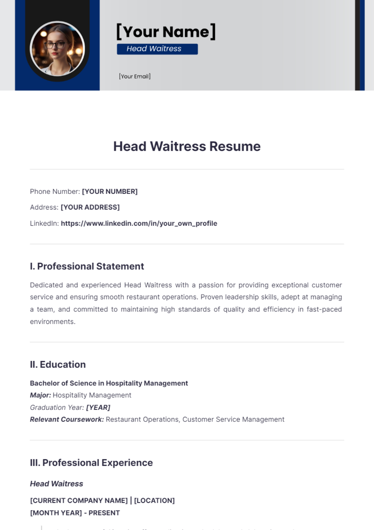 Head Waitress Resume - Edit Online & Download