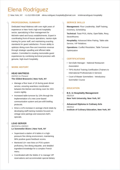 Free Head Waitress ATS Resume Template, AI Resume Builder