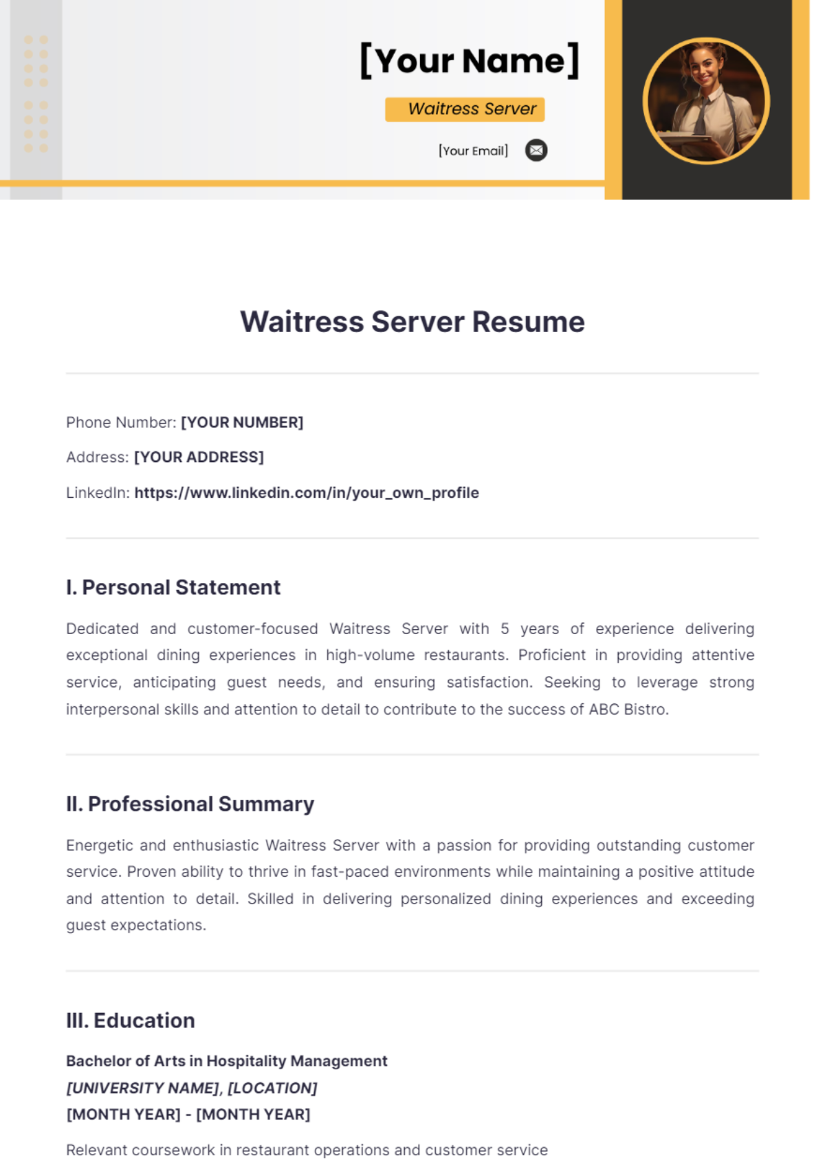 Waitress Server Resume - Edit Online & Download