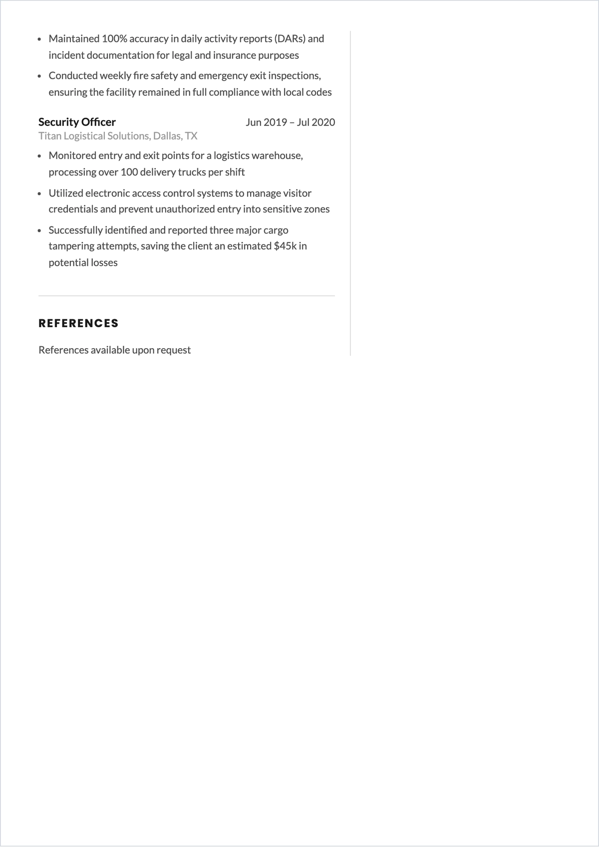 Free Minimalist Security Guard ATS Resume Template, AI Resume Builder