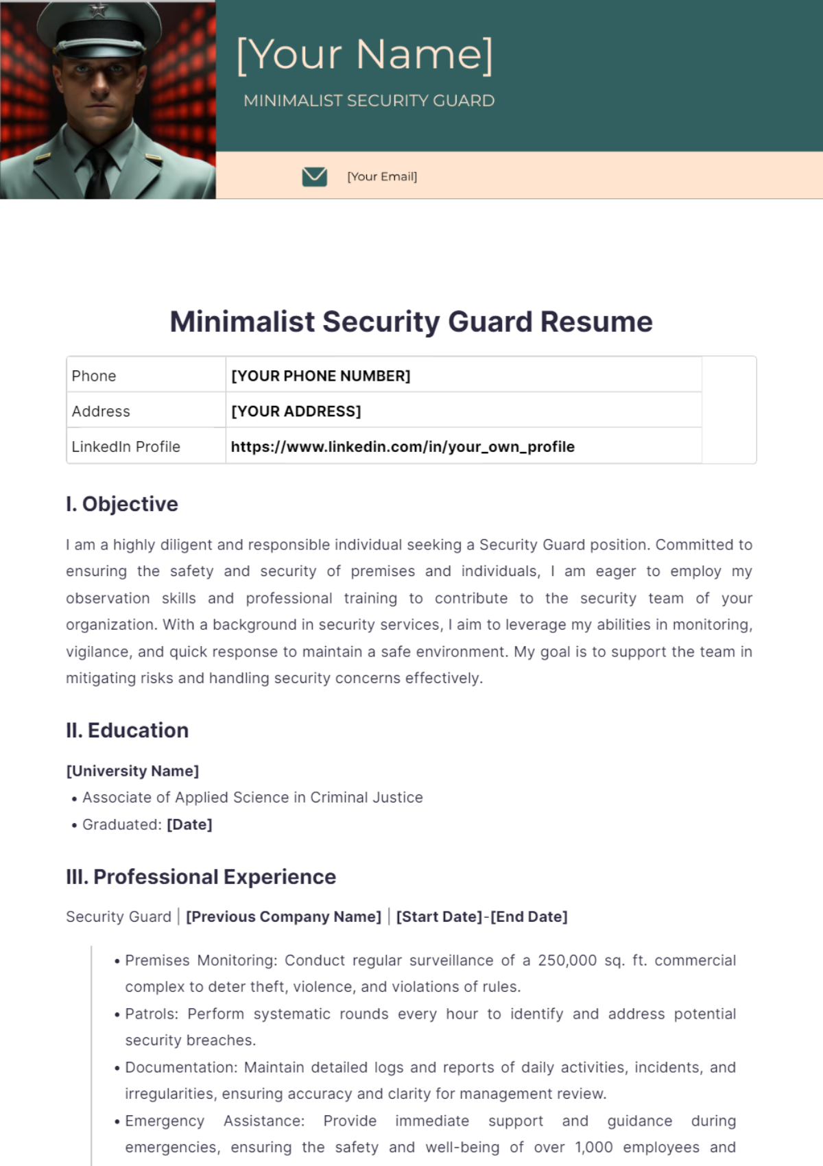 Minimalist Security Guard Resume - Edit Online & Download