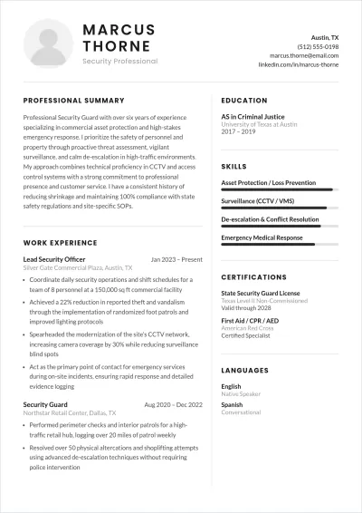 Free Minimalist Security Guard ATS Resume Template, AI Resume Builder