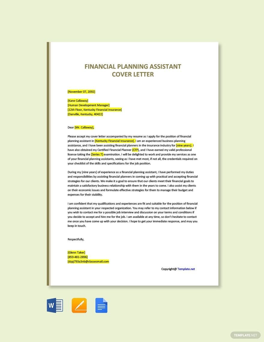 Financial Planning Assistant Cover Letter Template