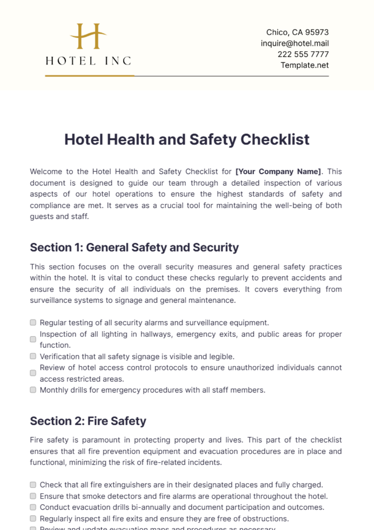 Hotel Health and Safety Checklist Template - Edit Online & Download