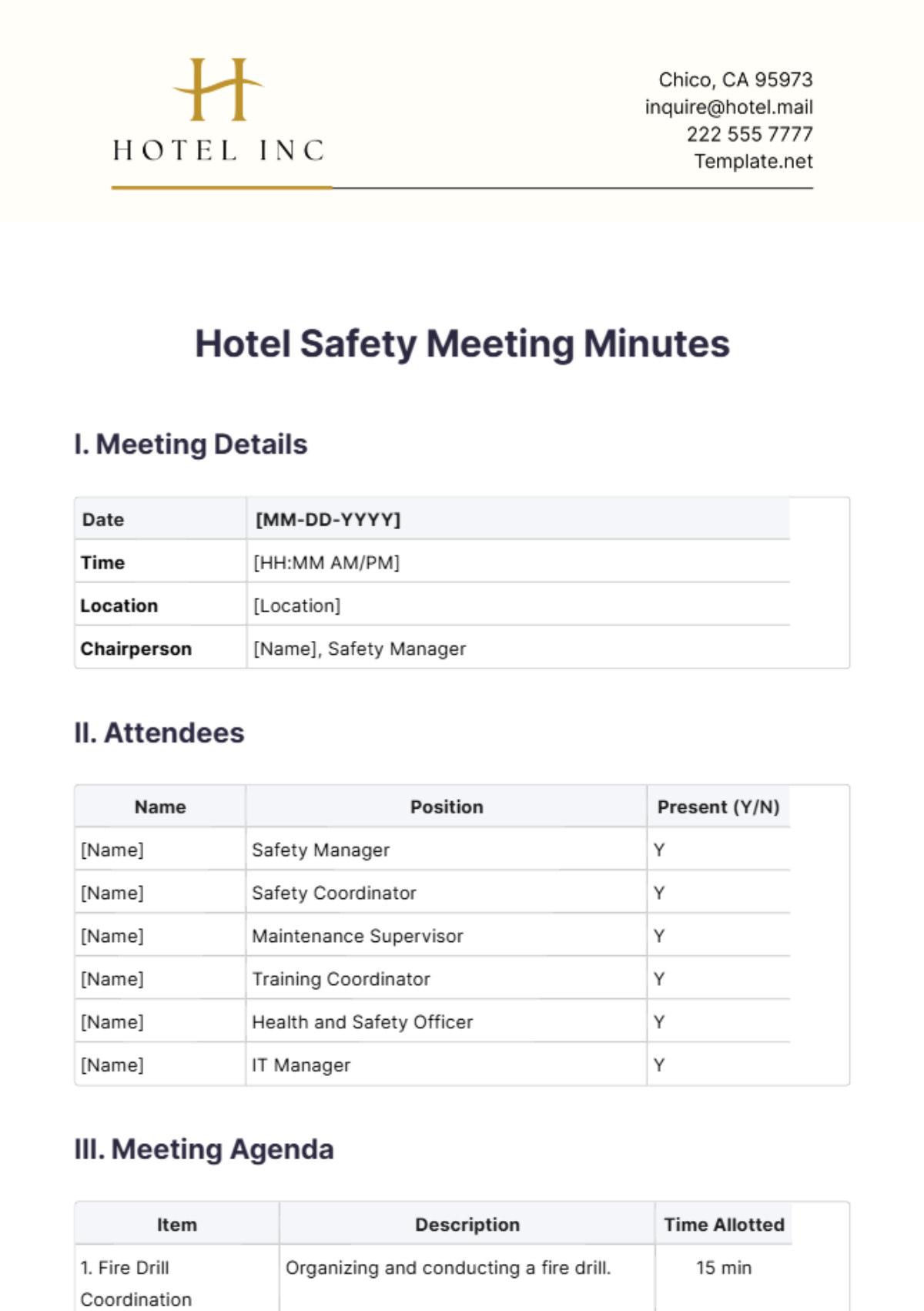 Hotel Safety Meeting Minutes Template - Edit Online & Download