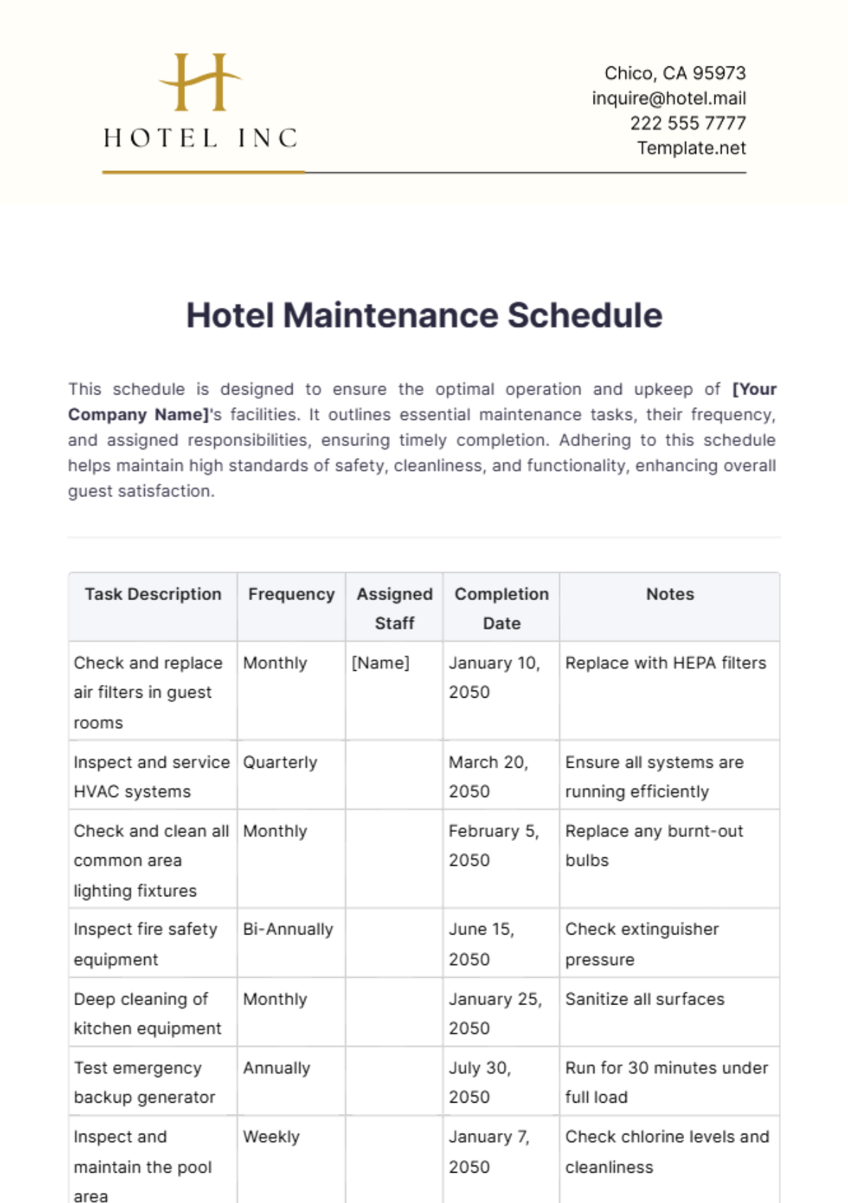 Hotel Maintenance Schedule Template - Edit Online & Download