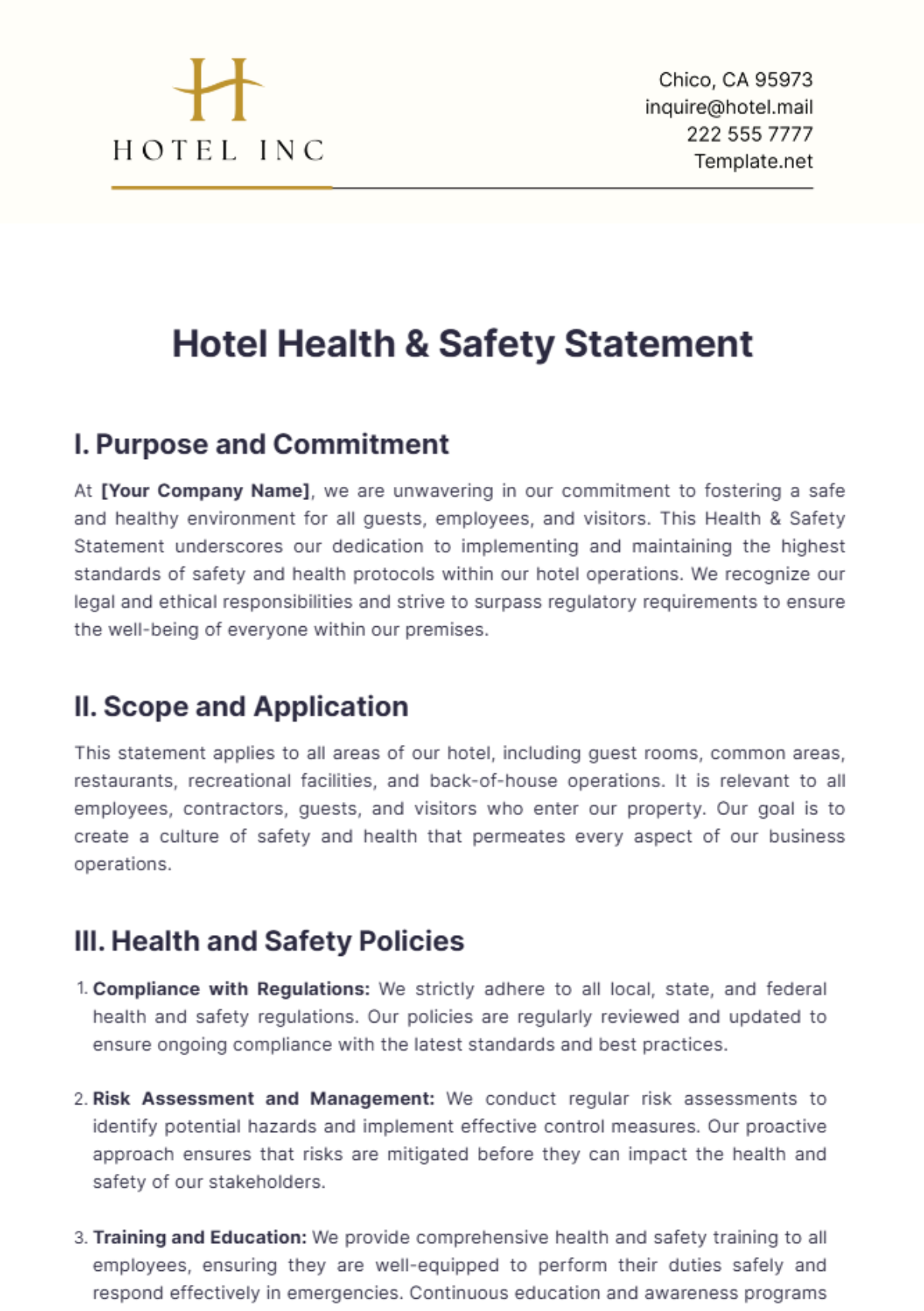Free Hotel Health & Safety Statement Template