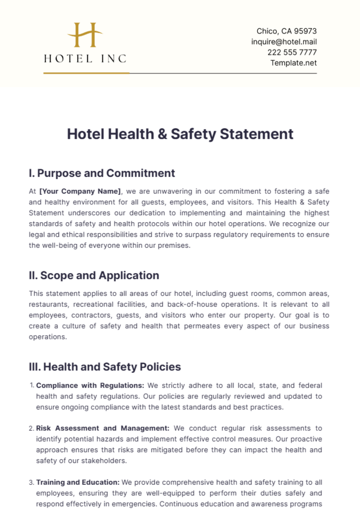 Hotel Health & Safety Statement Template - Edit Online & Download