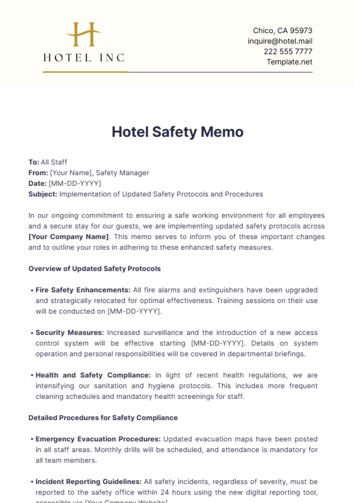 Hotel Safety Memo Template - Edit Online & Download