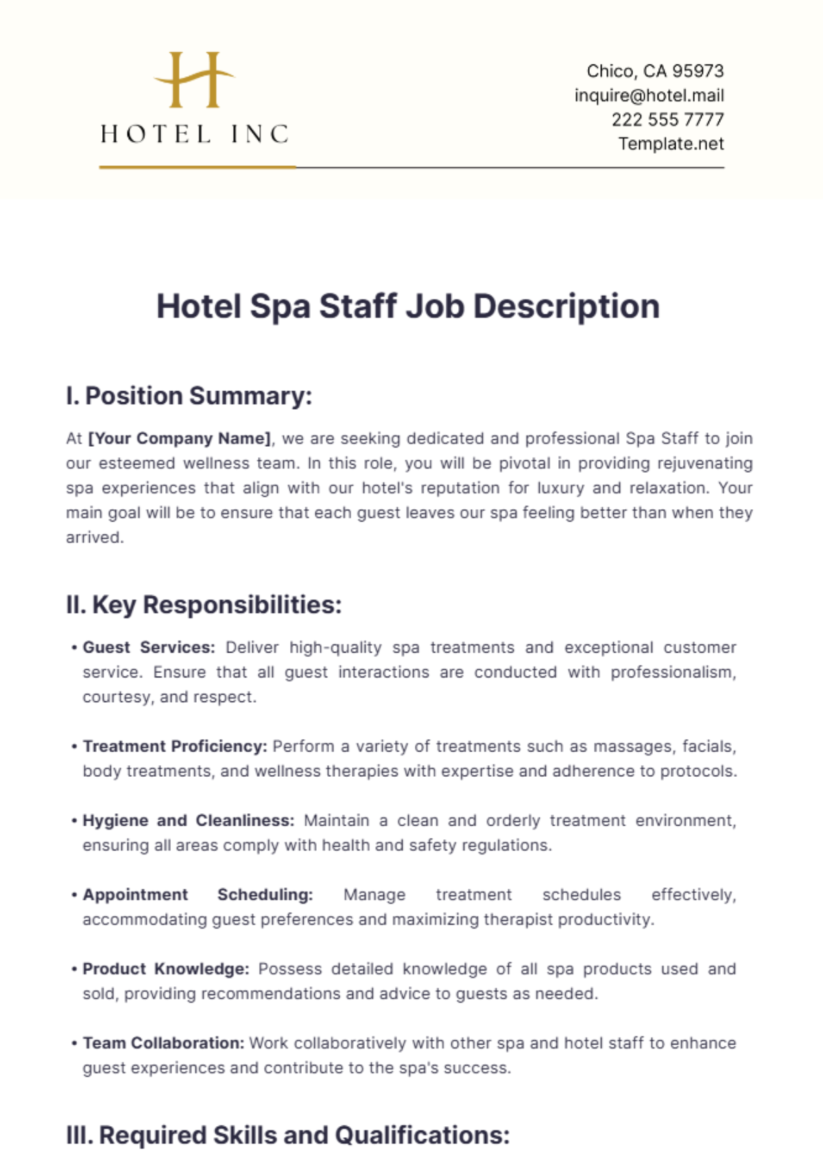 Hotel Spa Staff Job Description Template - Edit Online & Download