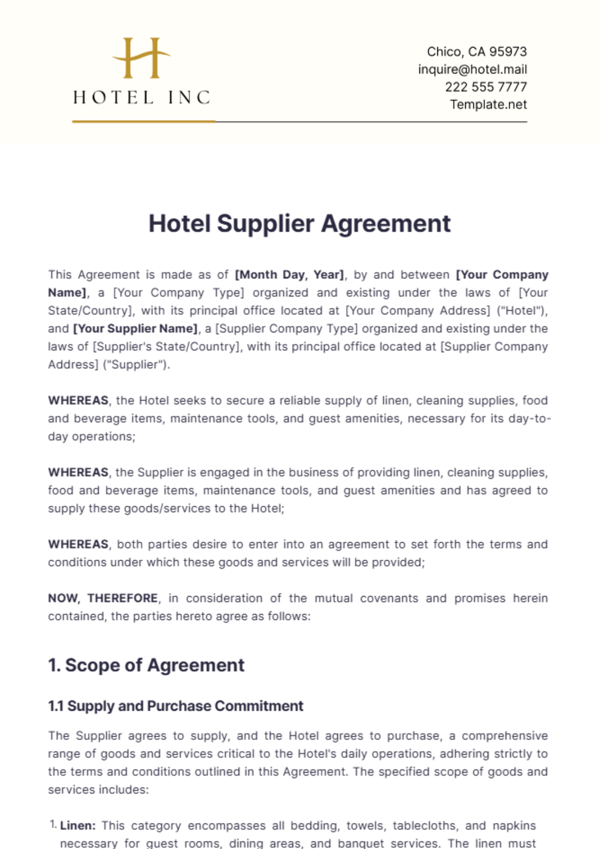 Hotel Supplier Agreement Template - Edit Online & Download