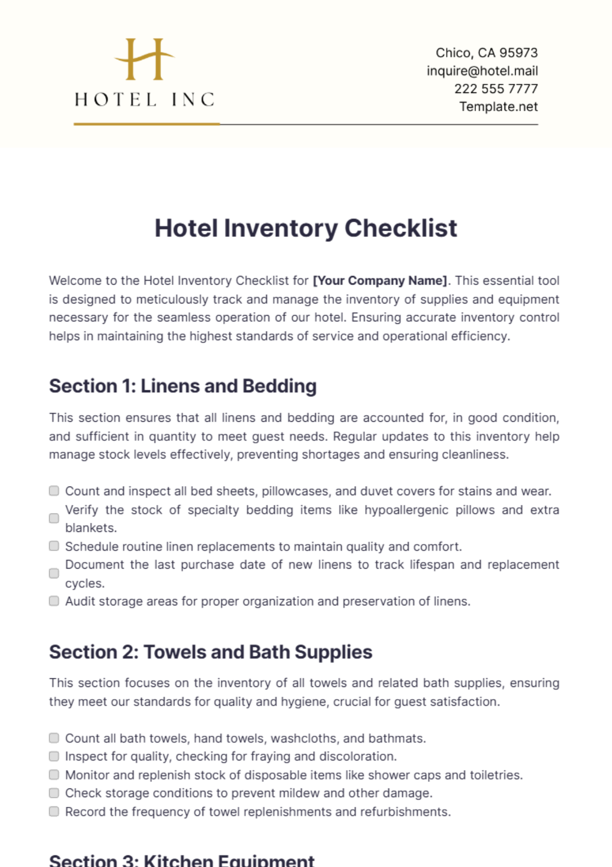 Free Hotel Inventory Checklist Template