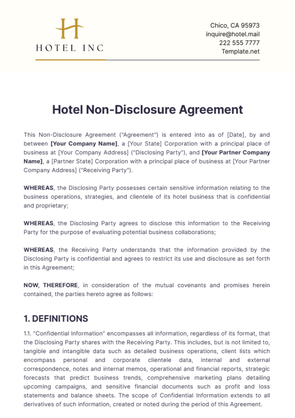 Hotel Non-Disclosure Agreement Template - Edit Online & Download