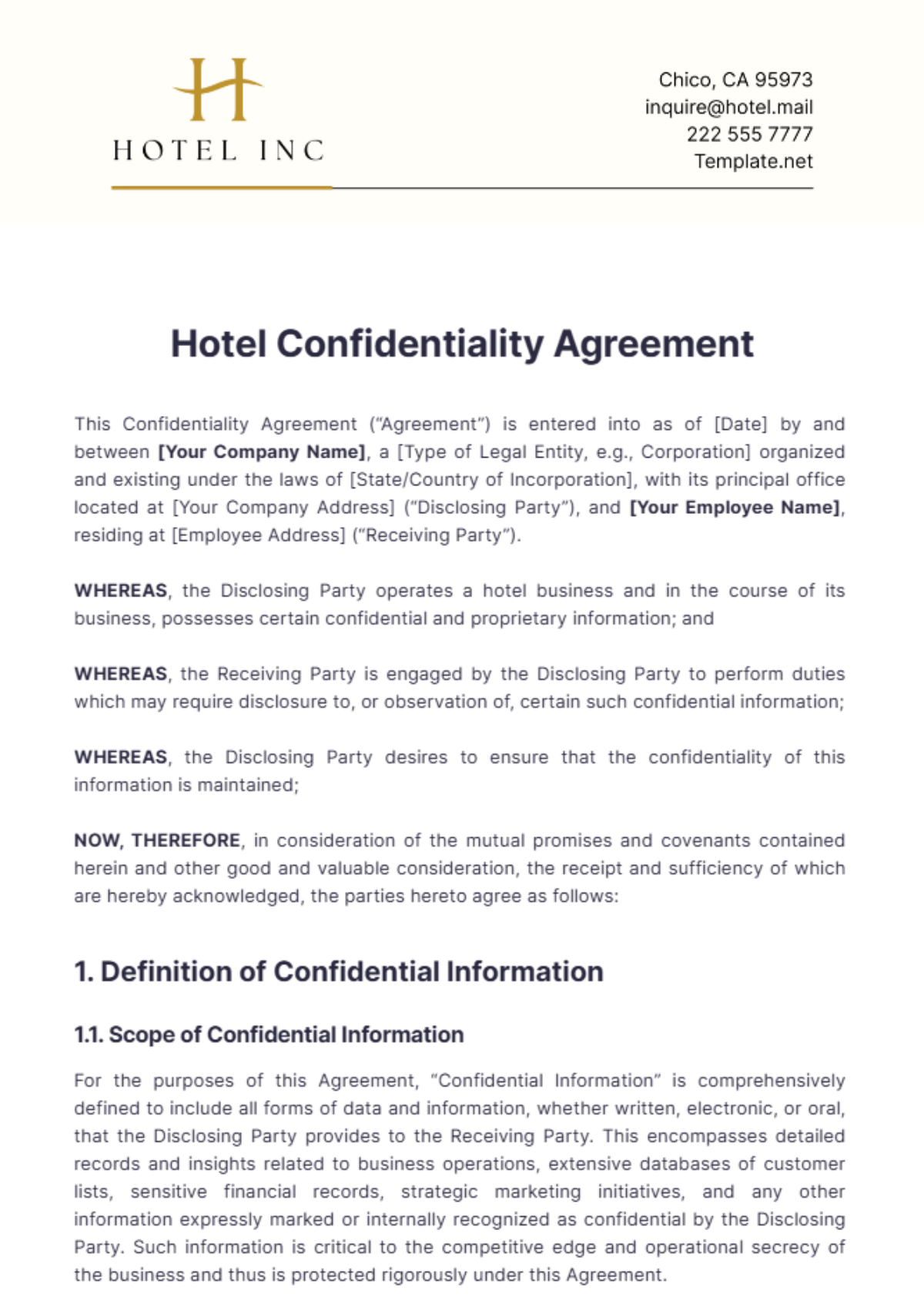 Hotel Confidentiality Agreement Template - Edit Online & Download