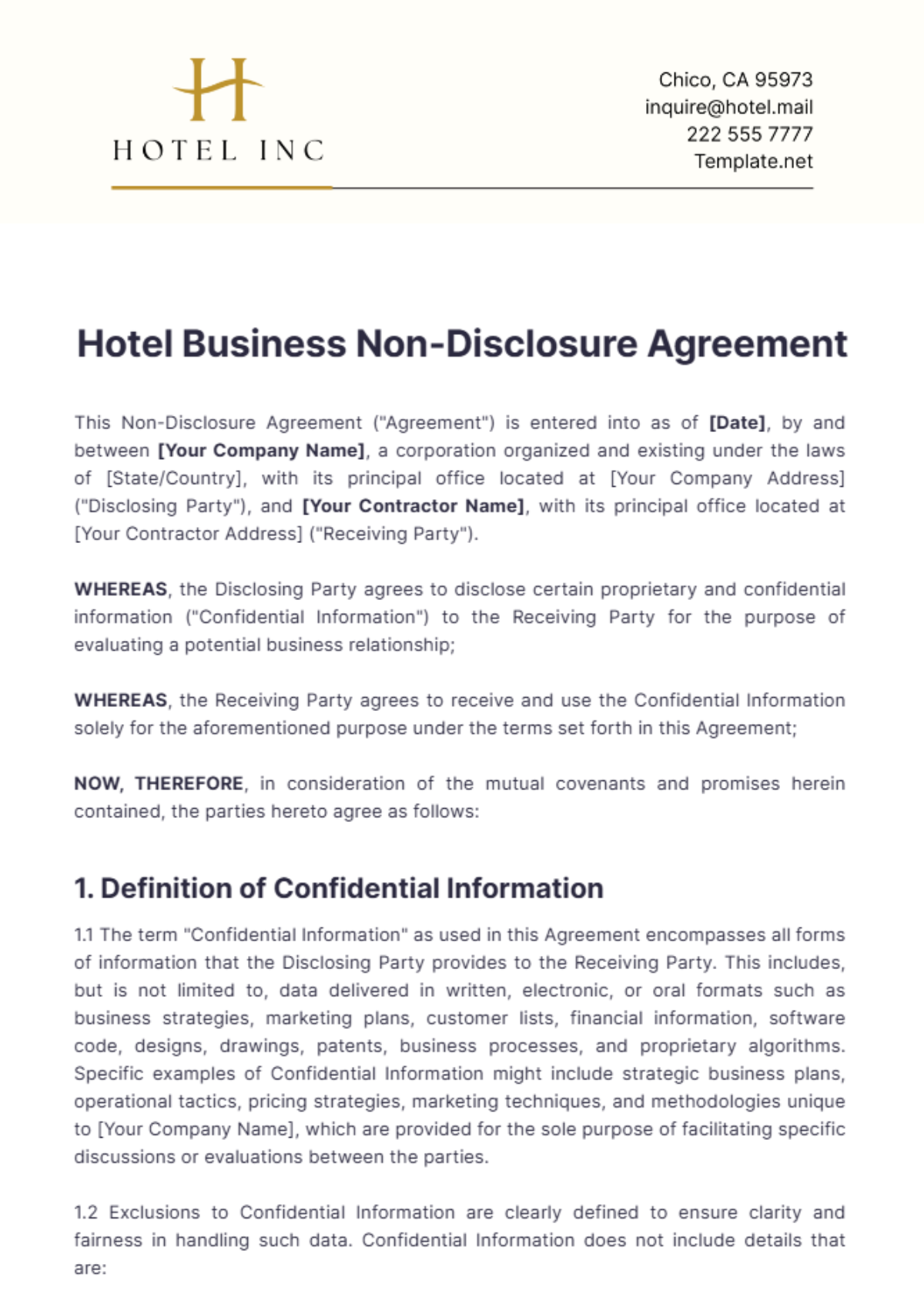 Hotel Business Non-Disclosure Agreement Template - Edit Online & Download