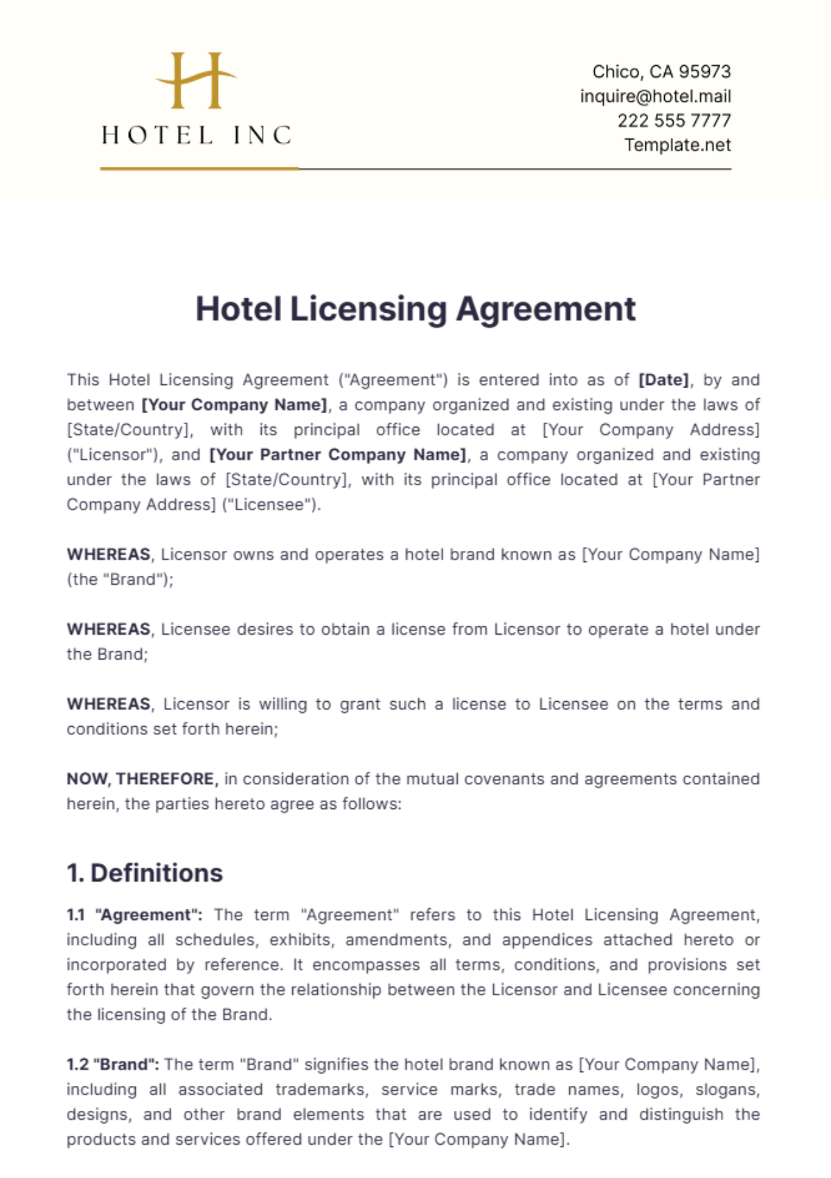 Hotel Licensing Agreement Template - Edit Online & Download