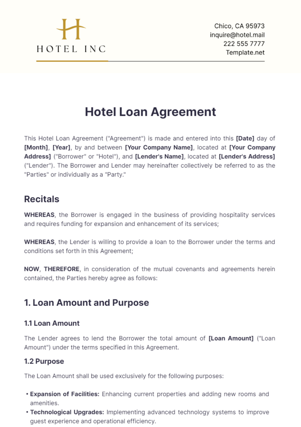 Hotel Loan Agreement Template - Edit Online & Download