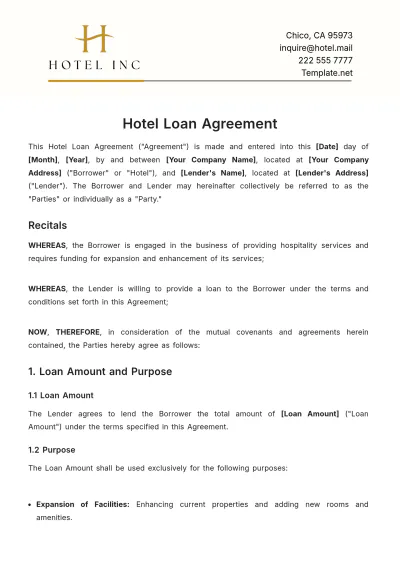 Free Hotel Loan Agreement Template to Edit Online