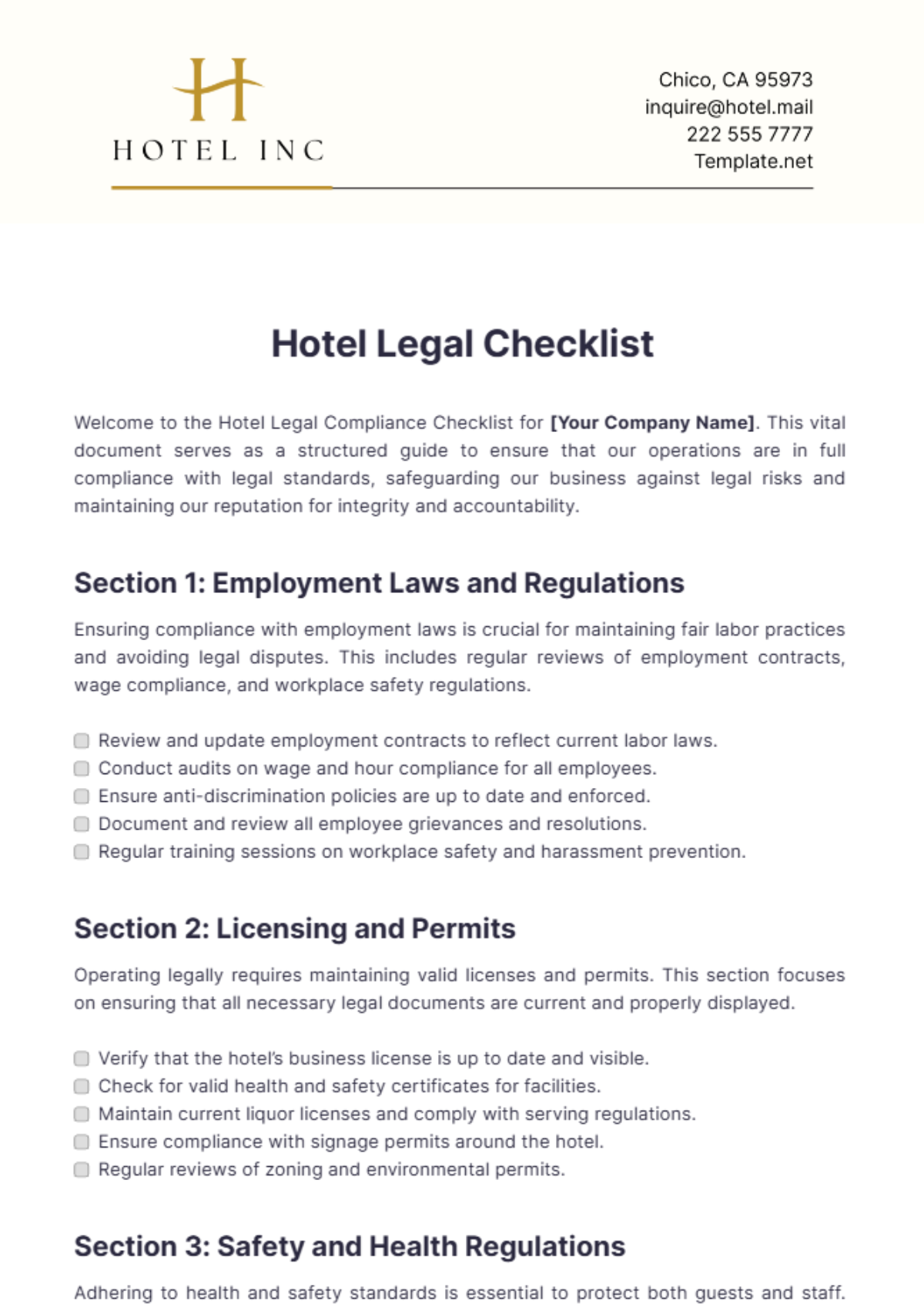 Free Hotel Legal Checklist Template