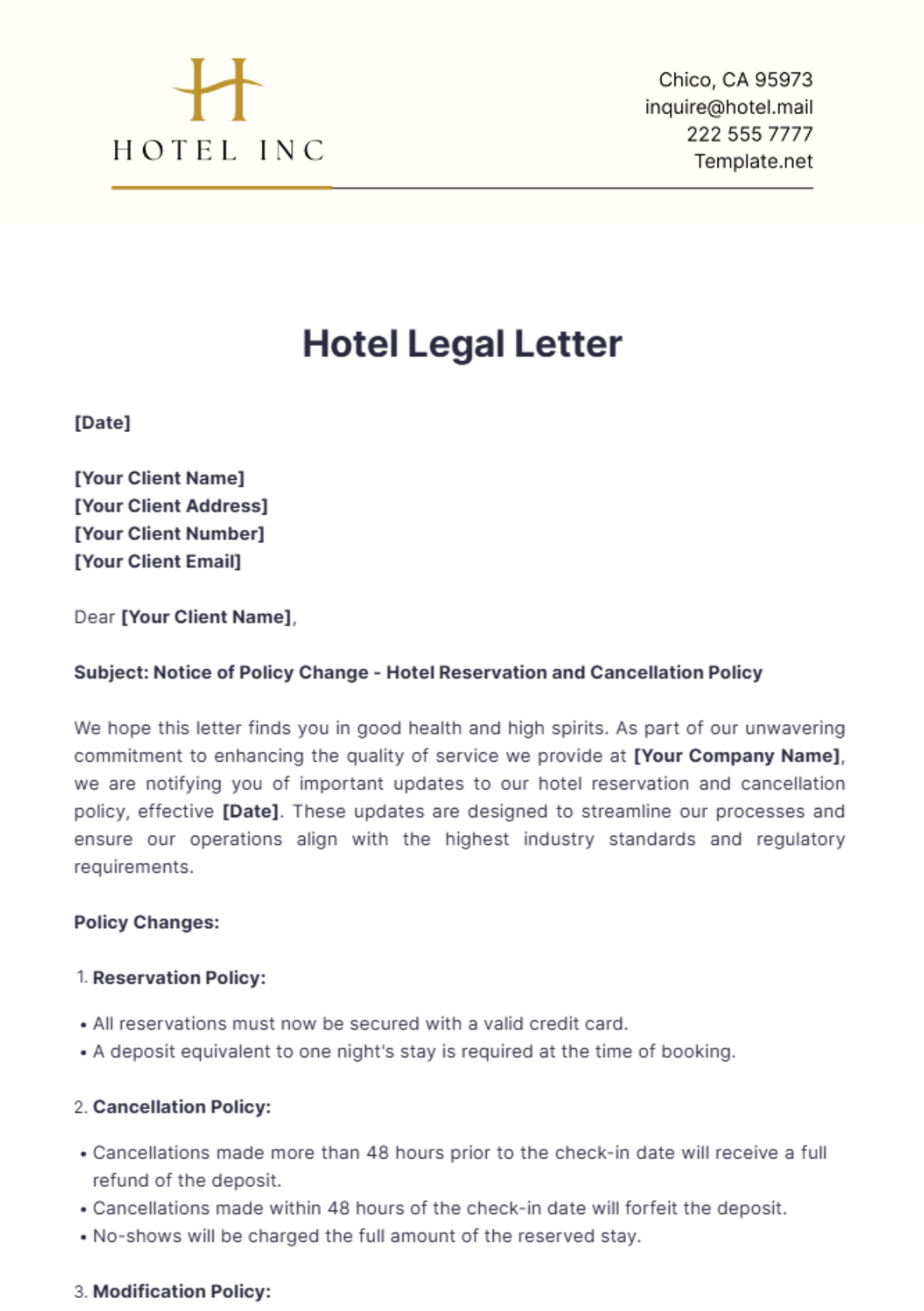 Hotel Legal Letter Template - Edit Online & Download