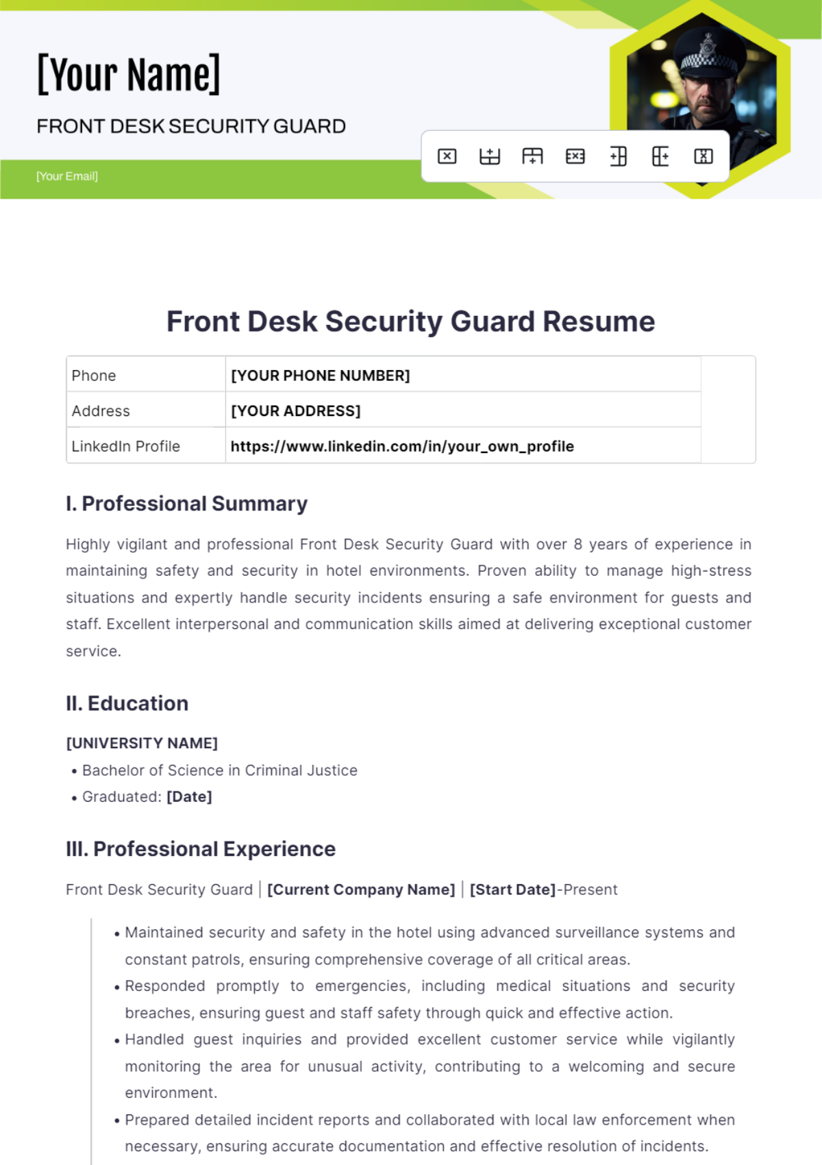 Front Desk Security Guard Resume - Edit Online & Download