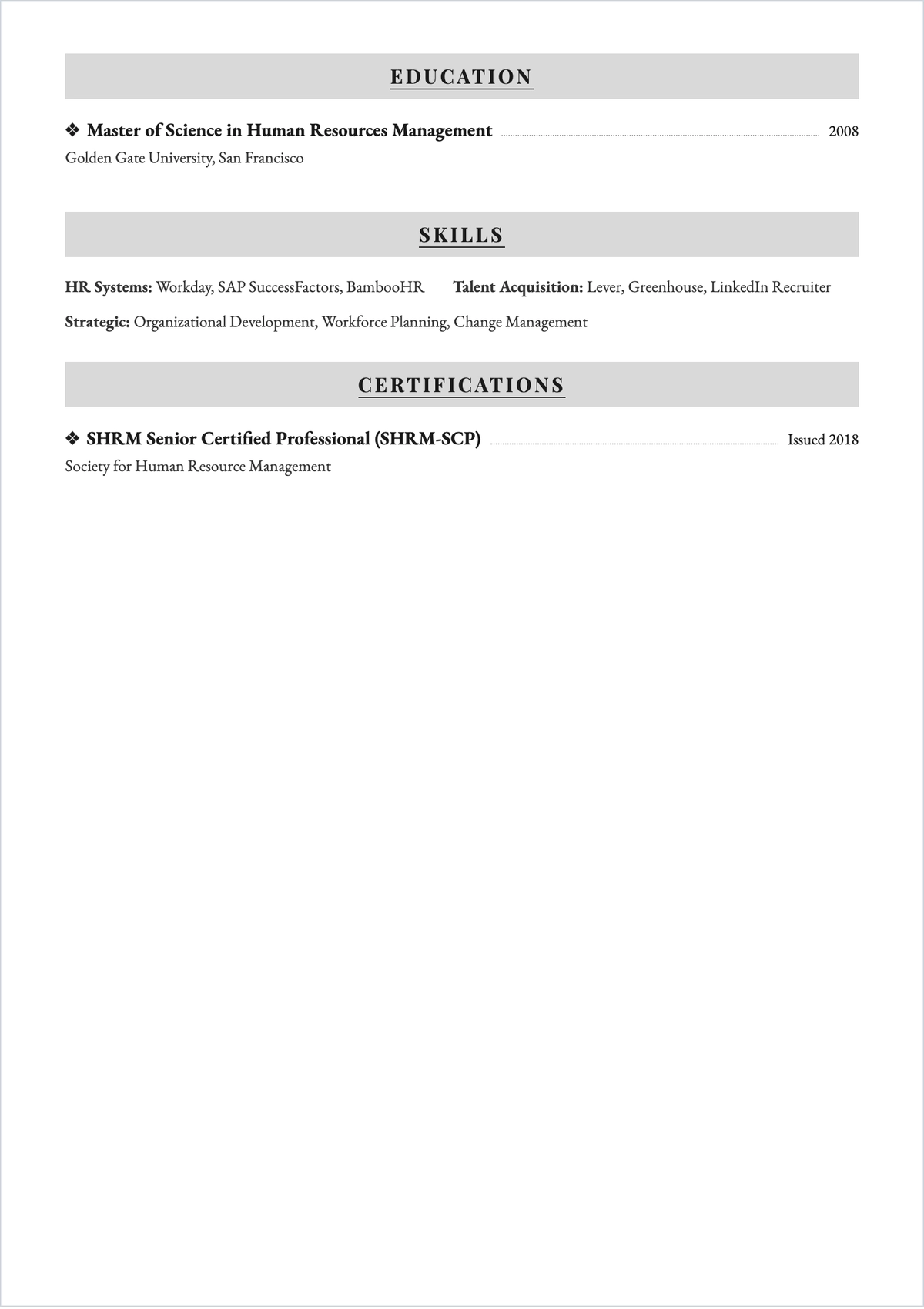 Free Senior Human Resources ATS Resume Template, AI Resume Builder
