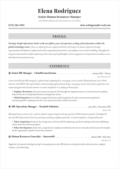Free Senior Human Resources ATS Resume Template, AI Resume Builder