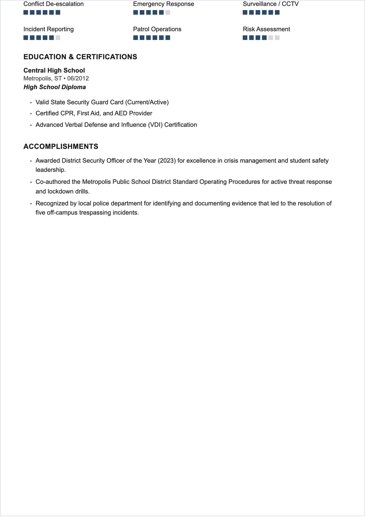 Free School Security Guard ATS Resume Template, AI Resume Builder