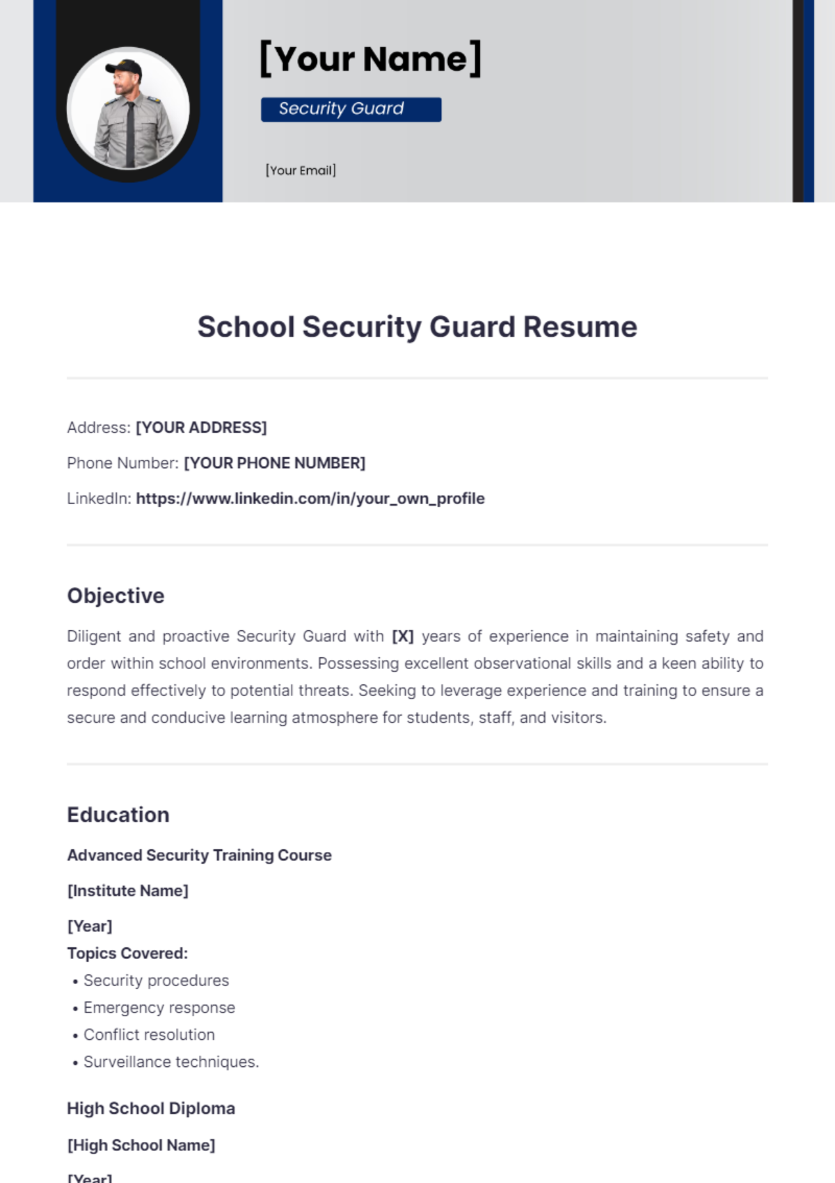 School Security Guard Resume - Edit Online & Download