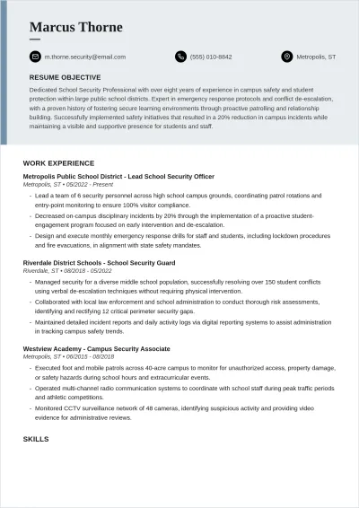 Free School Security Guard ATS Resume Template, AI Resume Builder