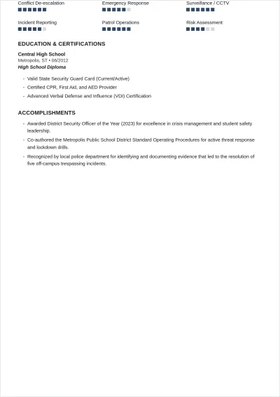 Free School Security Guard ATS Resume Template, AI Resume Builder