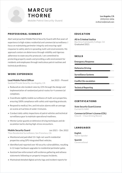Free Mobile Patrol Security Guard ATS Resume Template
