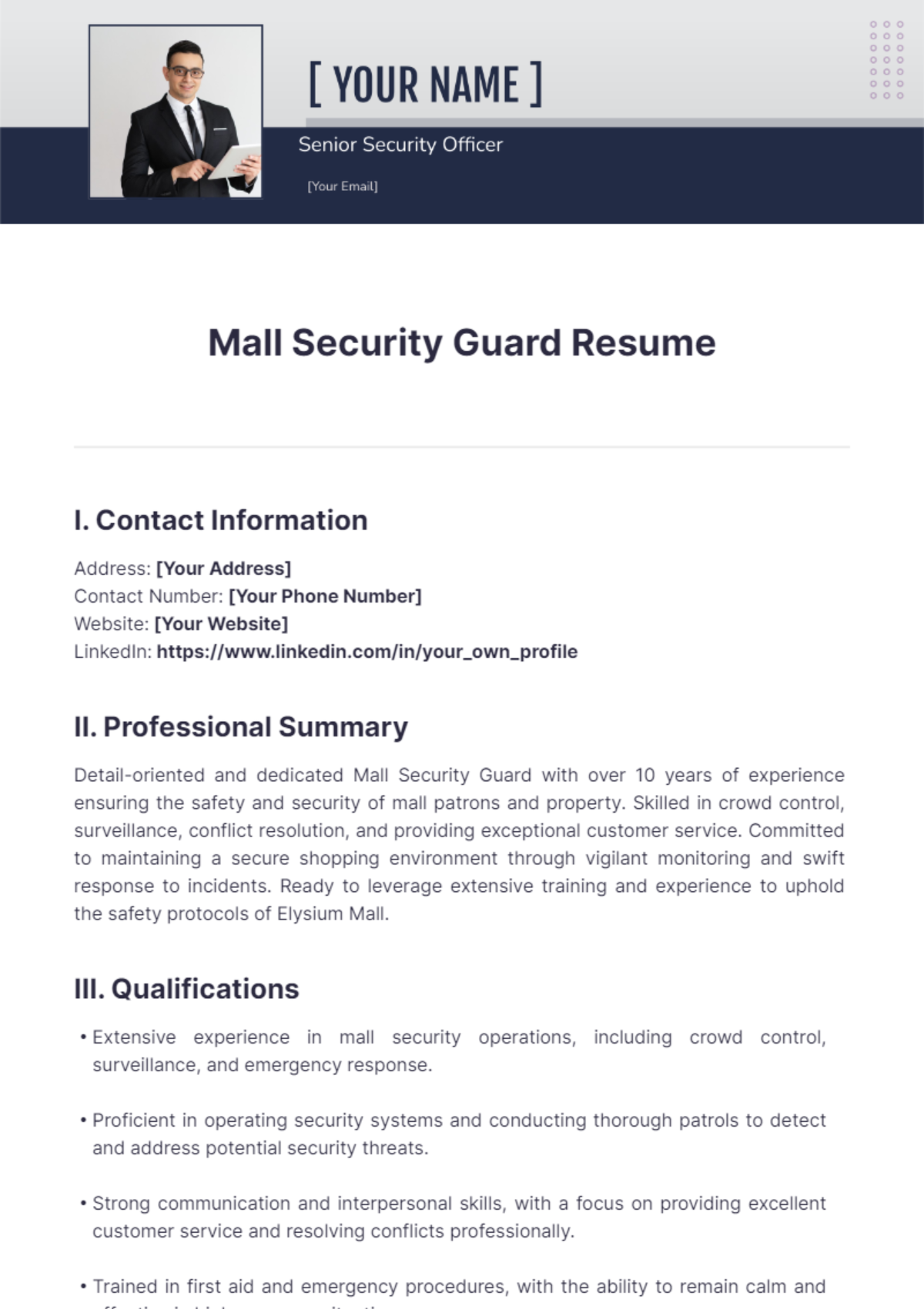 Mall Security Guard Resume - Edit Online & Download