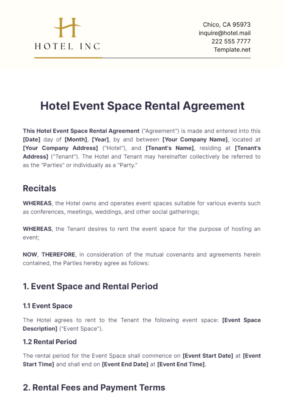 Hotel Event Space Rental Agreement Template - Edit Online & Download