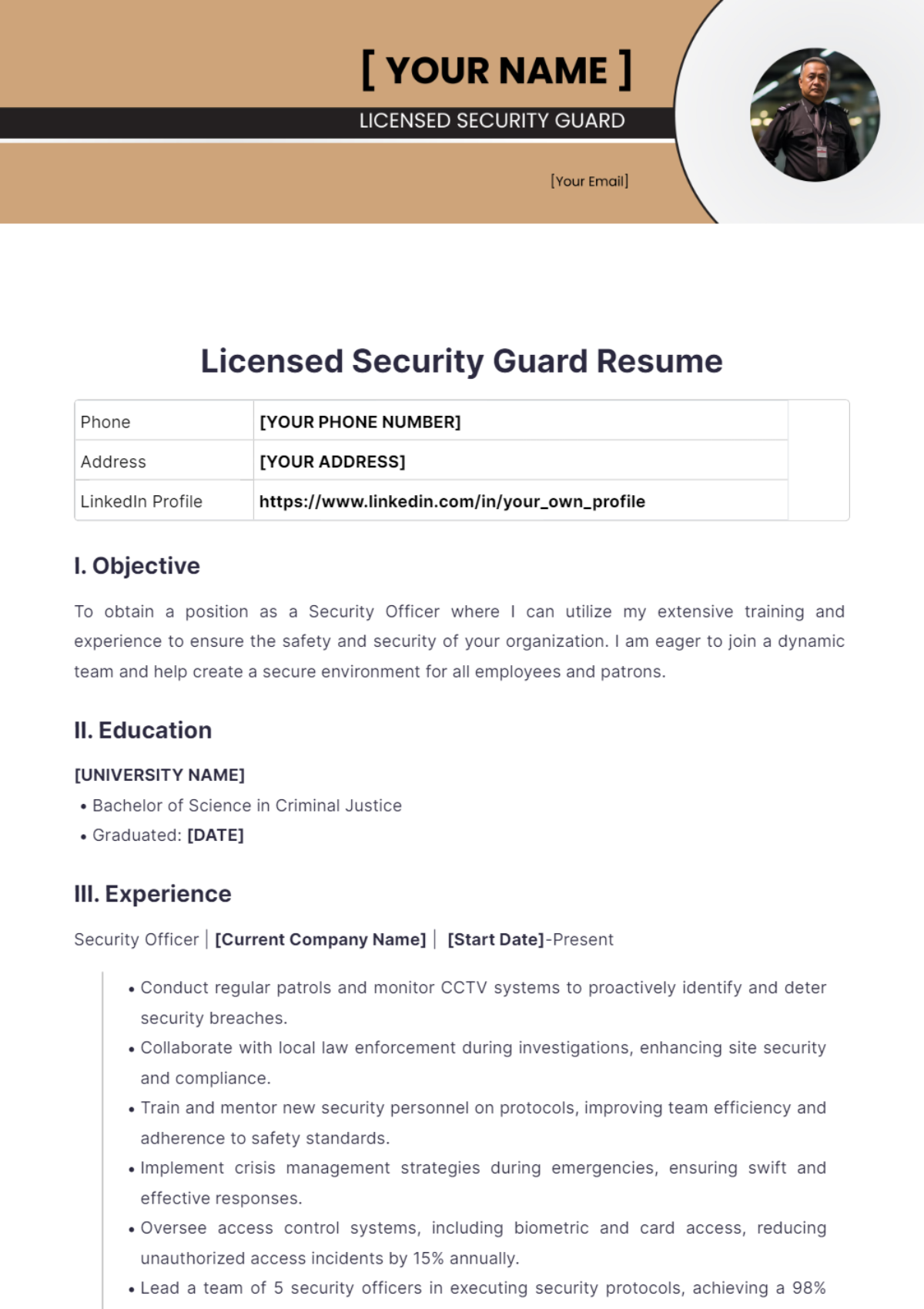 Licensed Security Guard Resume - Edit Online & Download