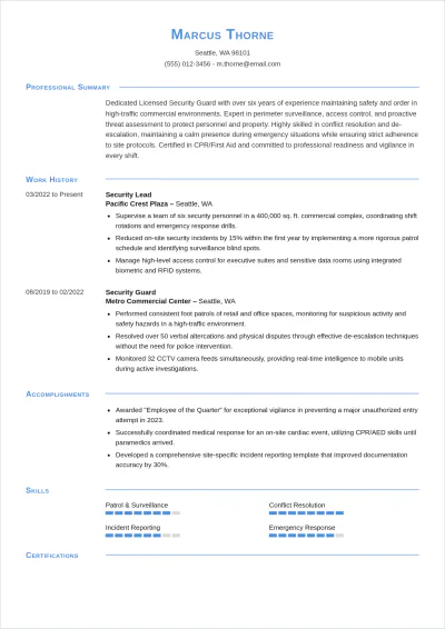Free Licensed Security Guard ATS Resume Template, AI Resume Builder
