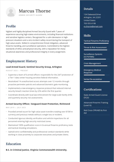 Free Armed Security Guard ATS Resume Template, AI Resume Builder